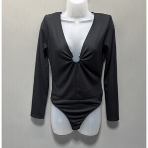 Lush Karmita Black Ribbed Plunge Long Sleeve Bodysuit Women’s Medium New